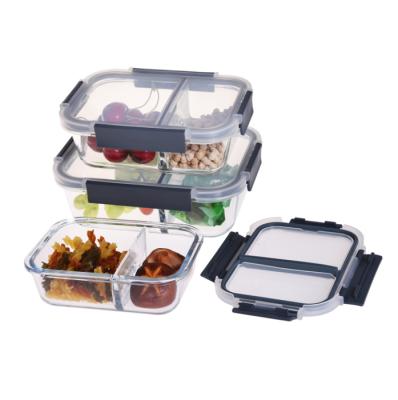 China Microwavable Bento Box Container 930ml Glass Food Meal Prep With 3 Compartment BPA Divided Glass Lunch Box for sale