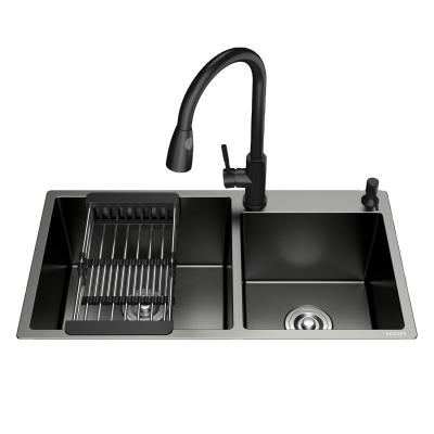 China Stainless Steel SUS304 Nano Handmade Kitchen Sink Modern Black Manufacturer Double Tank Thickened for sale