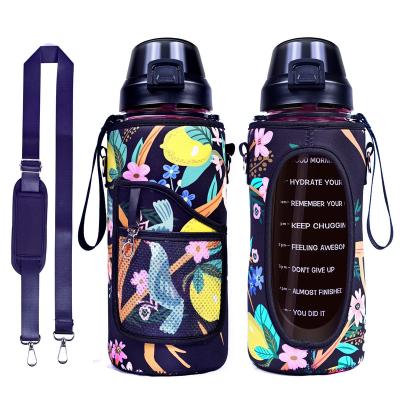 China Stocked 2L 64 oz half gallon bpa free plastic sports motivational water bottle with time marker sleeve and strap for sale