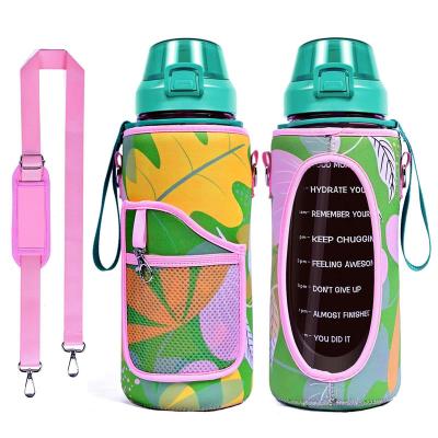 China Stocked 2L 64 oz half gallon bpa free plastic sports motivational water bottle with time marker sleeve and strap for sale