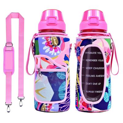 China Stocked 2L 64 oz half gallon bpa free plastic sports motivational water bottle with time marker sleeve and strap for sale