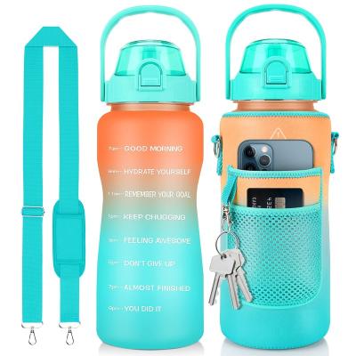 China Stocked 2L 64 oz half gallon bpa free plastic sports motivational water bottle with time marker sleeve and strap for sale