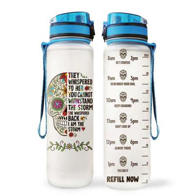 China Stocked Custom logo 1L 32 oz bpa free tritan plastic gym outdoor sports motivational water bottle with time marker and straw for sale