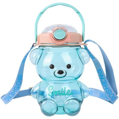 China Stocked 1.4L 48 oz bpa free plastic clear cute kawaii girls kids bear shaped water bottle with straw and strap for sale