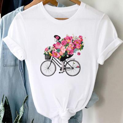 China Viable Bicycle Print Flower T-shirt Women Fashion T-shirts Ladies Graphic Cartoon Streetwear Clothes Woman Tee Top Female T-shirt for sale