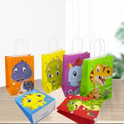 China Recyclable Dinosaur Cardboard Birthday Gift Bag Customized Kraft Paper Bag With Handle Baby Shower Favor Bag for sale