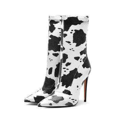 China Low Waist Cow Printing Crescent Shipping Pointed High Heel Boots Leather Boots For Women for sale