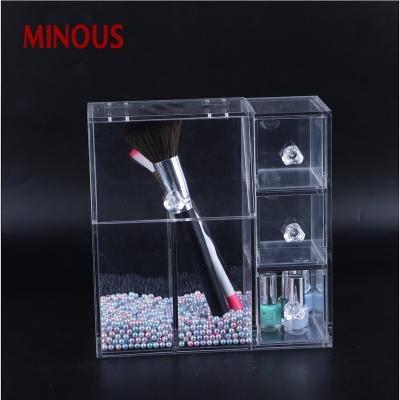 China Eco-friendly Material Clear Acrylic Makeup Organizer With 2 Brush Holder Compartment And Drawers for sale