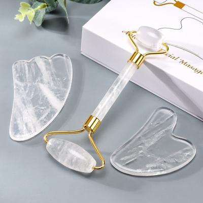 China Whitening Natural Facial Massager White Crystal Jade Roller and Double Head Gua Sha Set White Jade Roller with Gift Box for Face Eyes Neck for sale