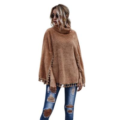 China Wholesale Breathable Outside Wear Women Loose Fabric Factory Sweater Women Knitted Ponchos With Tassels Trim For Ladies for sale