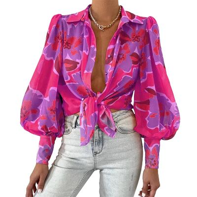 China Hot Sale New Arrival Women's Anti-pilling Long Sleeve Blouse Blow Sleeve Upper Straight Lapel Printed Shirt for sale