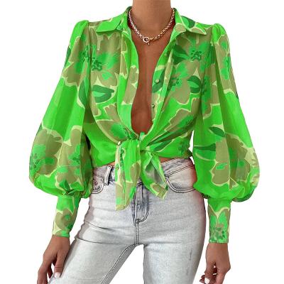 China 2022 Autumn New Arrival Women's Long Sleeve Blouse Puff Sleeve Lapel Printed Shirt Straight for sale