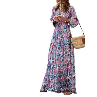 China 2022 New Autumn Long Sleeve Midi Dress Casual Breathable V-neck High Waist Long Sleeve Bohemian Dress for sale