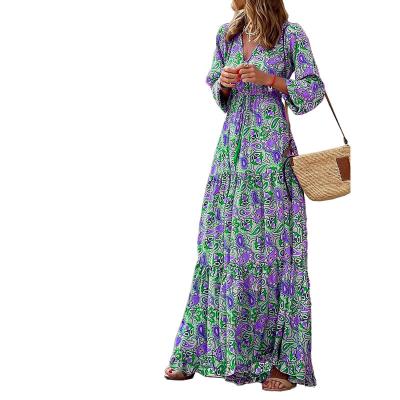 China 2022 Autumn New Bohemian Dress Breathable Casual Midi Long Sleeve V-neck Long Sleeve High Waist Dress for sale