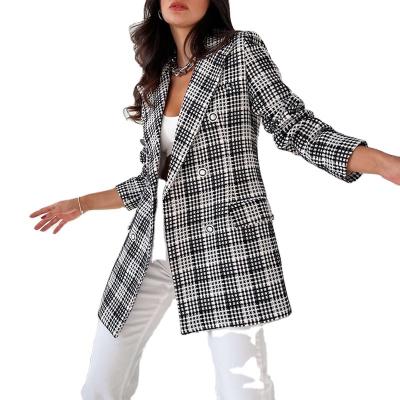 China 2022 autumn new women's short-sleeved wool jacket mid-length three-button suit breathable double-row plaid small for sale