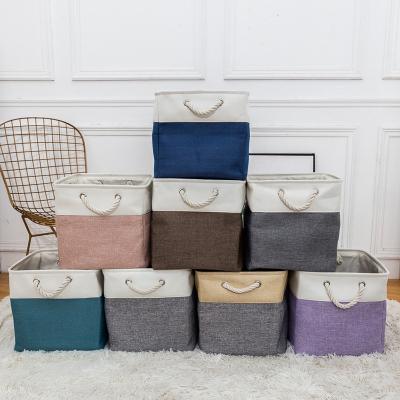 China New Stitching Storage Box Laundry Pet Viable Canvas Foldable Foldable Basket With Cotton Rope Handle for sale