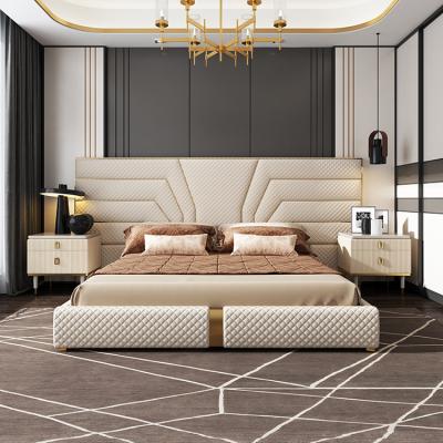 China European luxury modern high bed heardboard bedroom furniture gold genuine leather queen bed for sale