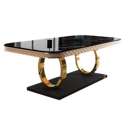 China Luxury Gold Stainless Steel Extendable Dining Table Set Rectangle Marble Slab Top Dining Table for sale