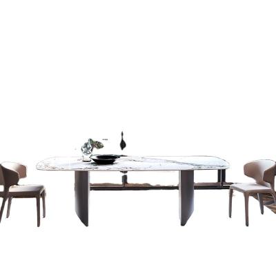 China Minimalist Dining Table Rectangle Stainless Steel Leg Chipboard Stone Dining Table And Chairs Top Sets for sale