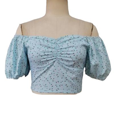 China Newest Breathable Ladies Mini Print Floral Blue Top With Half Sleeves And Smocked Women Crop Top With Off Shoulder for sale