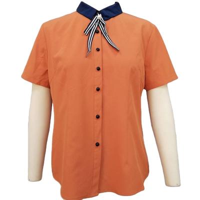 China Newest Breathable Ladies Orange Formal Shirt With Short Sleeves And Womens Fashion Blouse With Bow And Pearl Trimmings for sale