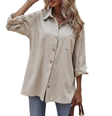 China Anti-pilling 2022 ladies solid button closures and front lingline cuff patch pocket drop shoulders hem women's blouses and shirts for sale