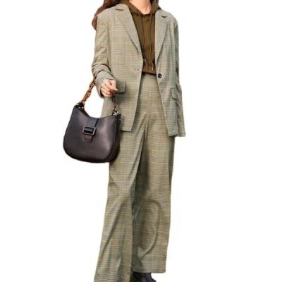 China Wholesale Custom Casual Formal Anti-Wrinkle Jacket Blazers Ladies Polyester Check Plaid Button Single Flap Elegant Women And Pant Set for sale