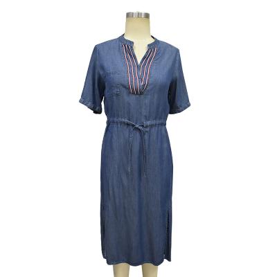 China Newest Custom Made Ladies Blue Denim Dress Summer Dress Breathable With Short Sleeves And Patch Pocket for sale