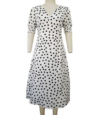 China Women's V-Neck Spring Summer Satin Breathable Waist Smocked Polka Dots Dress Beach Casual Print Maxi Dress for sale