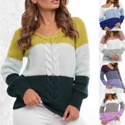 China Anti-wrinkle Multi-colors Stitching Twist V-Neckline Long Sheath Causal Oversized Women Knit Pullover Sweater Women for sale