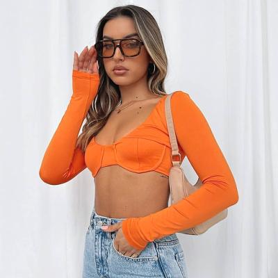 China 2022 Solid Color Anti-Wrinkle 2022 Women's U Sleeve Navel Crop Top Streetwear Pullover T-shirt Top Crop Neck Long for sale