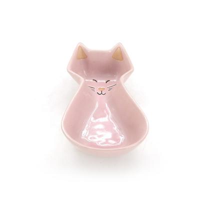 China Cat Shaped Pet Feeding Bowl Non-automatic Three Class Pink Ceramic Pet Bowl for sale