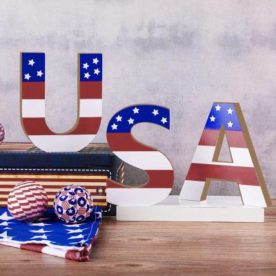 China Eco-Freindly 3 Pieces Independence Day Decorative Wood Block Sign Decorative Wooden Block USA American Patriotic Freestyle Decoration for Office for sale