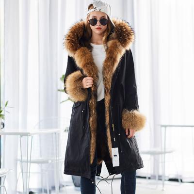 China Anti-wrinkle winter woman natural fur overcoat plus size women parkas black raccoon fur striping long warm jacket coats X for sale