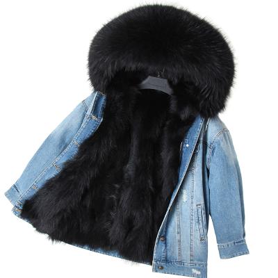 China 2021 new raccoon fur lining natural denim fur coat loose parka women's free shipping Anti-wrinkle fashion coat for sale