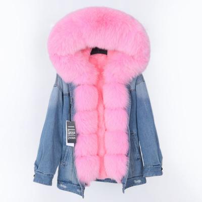 China free shipping detachable liner women winter denim natural fur collar fox fur parka loose Anti-wrinkle big coat for sale