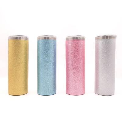 China Wholesale Disposable USA Stocked Vacuum Insulated 20oz Ribbon Glitter Sublimation Straight Tumbler Cup With Lid And Straw for sale