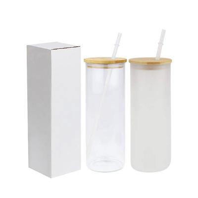 China Disposable USA Warehouse Wholesale Custom Logo 25oz Mask Sublimation Clear Frosted Glass Tumbler With Lid And Bamboo Straw for sale