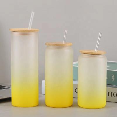 China New Arrivals Disposable Sublimation Color Glass Mugs Frosted Gradient Bamboo Lid Straight Glass Tumbler 16/20/25 Ounce Drinking Water Mug for sale