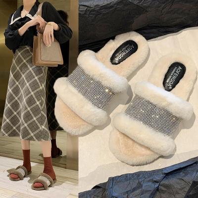 China Fashion Trend Hot Sale Plush Faux Stone Flip Flops Indoor Flat Heel Women Slippers for sale