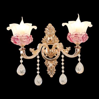 China Modern Wall Mounted Crystal Light Rustic Chandeliers Pink Chandelier Bedside Living Room Wall Pendant Light for sale