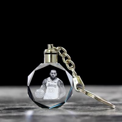 China Custom Europe NBA Star Curry Kobe Harden Laser Engraved Glass Crystal LED Key Chain Set for sale