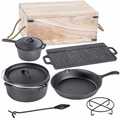 China General Use For Heavy Duty Dutch Pre-Seasoned Oven Camping Cooking Set 7 Piece Cast Iron Gas And Induction Cooker With Vintage Carry Storage Box for sale