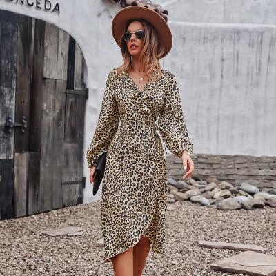 China 2022 Washable Leisure V-Neck Dress Leopard Print Sheath Long Tight Fitted Casual Dresses for sale