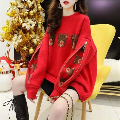 China Winter Equipment New Christmas Korean Loose Style Zipper Sweatshirt Female Designer Anti-pilling Red Sweater for sale