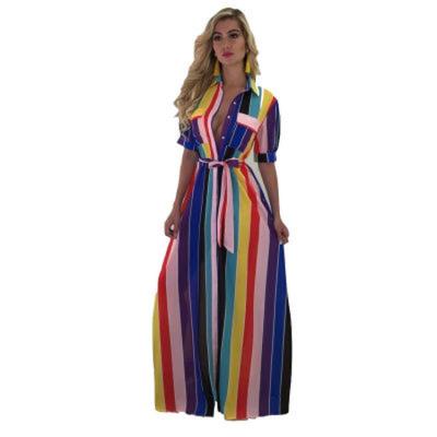 China 2020 fashion summer turn-down collar anti-static dress striped half sleeve casual dress for women ladies for sale