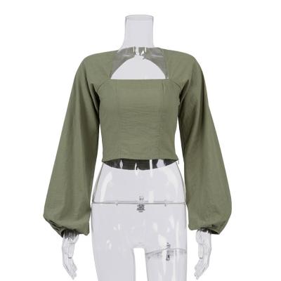 China Elegant neck spring anti-pilling lantern sleeve female square blouses ladies tops shirts women blouse shirt for sale