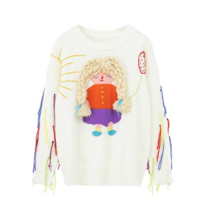 China Anti-pilling White Sweater, Cute, Fluffy, Acrylic Pullover For Women With Csrtoon Pattern for sale