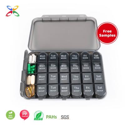 China Eco-Friendly Weekly Pill Box 28 Compartments Free Sample Medicine Pill Organizer Black Weekly Pill Box 4 Times Daily Pill Case for sale