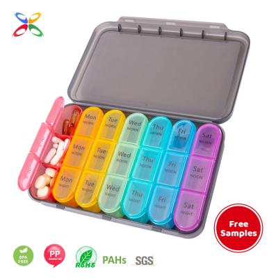 China Hot Sales PP Eco-friendly OEM Weekly Pill Organizer 3 Times 21 Compartment Pill Box Weekly Organizer Pill Cases for sale